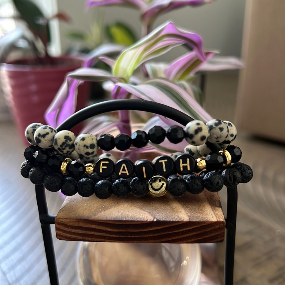 Faith Black Bracelet Stack Handmade with Genuine Stone Beads New